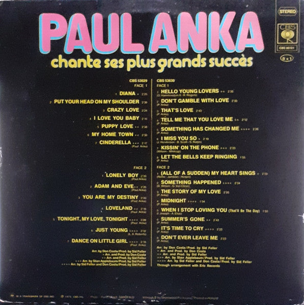 Paul Anka - Chante Ses Plus Grands Succès (LP) Vinyl LP Vinyl Very Good (VG) <br> Hoes Good Plus (G+)