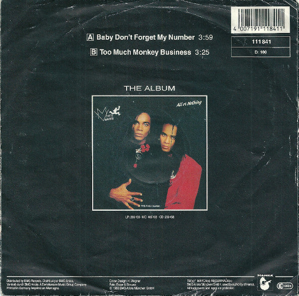 Milli Vanilli - Baby Don't Forget My Number Vinyl Singles Vinyl (VG) <br> Hoes (G+)