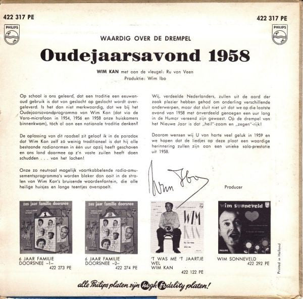 Wim Kan - Waardig Over De Drempel - Oudejaars Avond 1958 32382 Vinyl Singles EP Vinyl Very Good (VG) <br> Hoes Good Plus (G+)