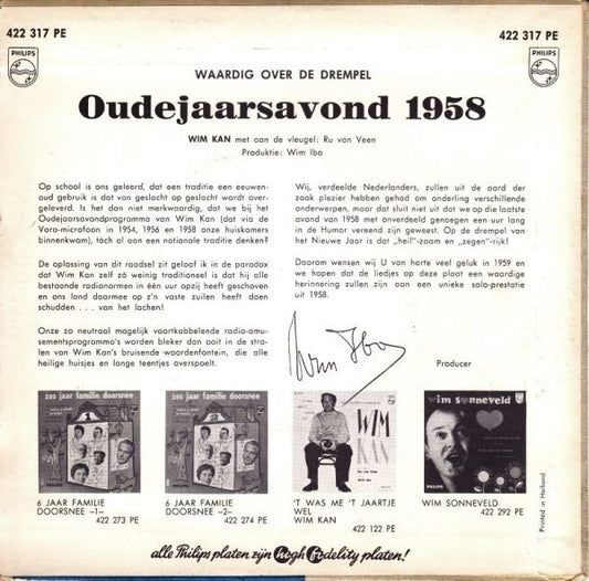 Wim Kan - Waardig Over De Drempel - Oudejaars Avond 1958 32382 Vinyl Singles EP Vinyl Zeer Goed / Hoesje Goed "VINYLSINGLES.NL"