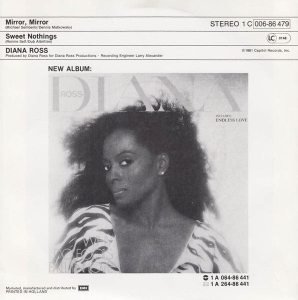 Diana Ross - Mirror Mirror Vinyl Singles Vinyl Very Good (VG) <br> Hoes Good Plus (G+)