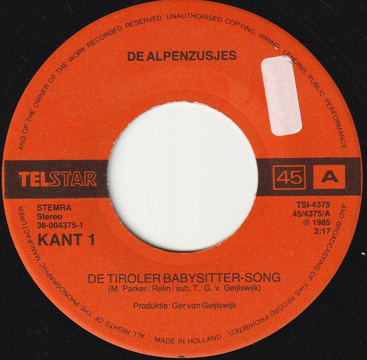 Alpenzusjes & Trio Kwatsch - De Tiroler Babysitter Song 06864 Vinyl Singles Vinyl Zeer Goed / Hoesje Goed "VINYLSINGLES.NL"
