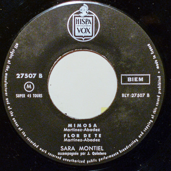 Sara Montiel - La Violetera Vinyl Singles EP Vinyl Very Good (VG) <br> Hoes Good Plus (G+)