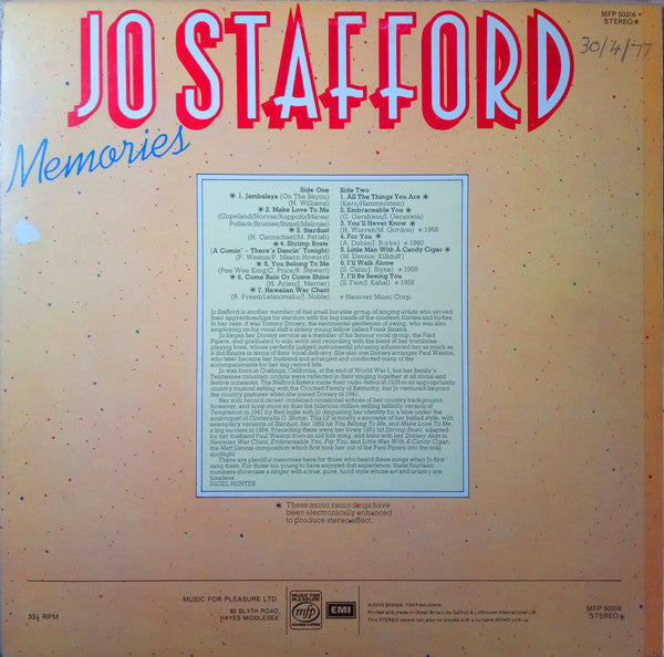 Jo Stafford - Memories (LP) Vinyl LP Vinyl Very Good (VG) <br> Hoes Good Plus (G+)