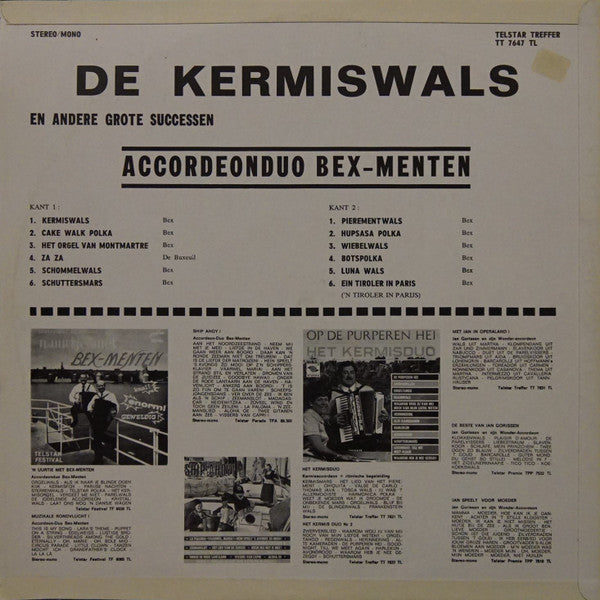 Akkordeon-Duo Bex-Menten - De Kermiswals En Andere Grote Successen (LP) Vinyl LP Vinyl Very Good (VG) <br> Hoes Good Plus (G+)