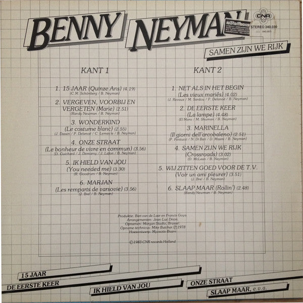 Benny Neyman - Samen Zijn We Rijk (LP) Vinyl LP Vinyl Very Good (VG) <br> Hoes Good Plus (G+)