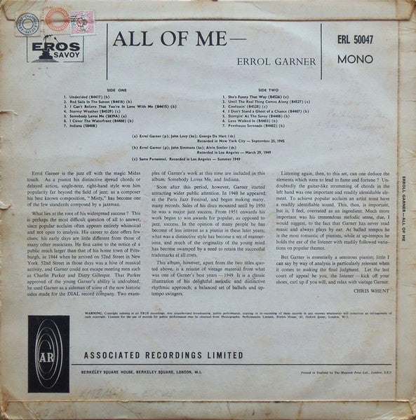 Erroll Garner - All Of Me (LP) Vinyl LP Vinyl Very Good (VG) <br> Hoes Good Plus (G+)