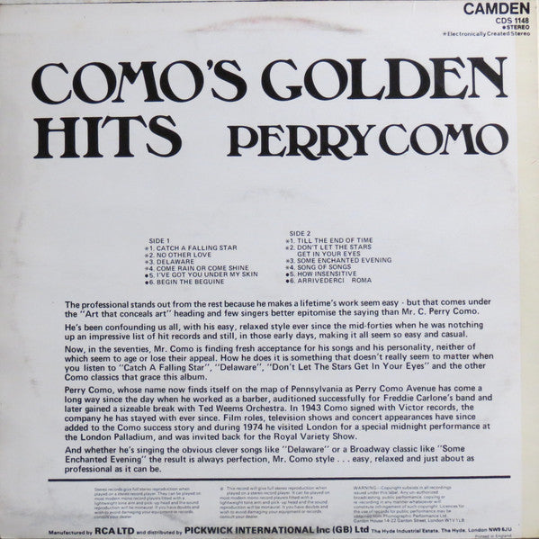 Perry Como - Como's Golden Hits (LP) Vinyl LP Vinyl Very Good (VG) <br> Hoes Good Plus (G+)