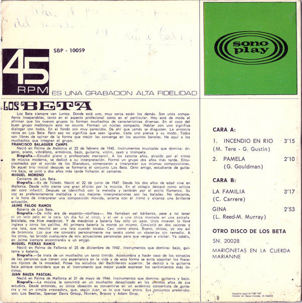 Los Beta - Incendio En Rio Vinyl Singles EP Vinyl Very Good (VG) <br> Hoes Good Plus (G+)