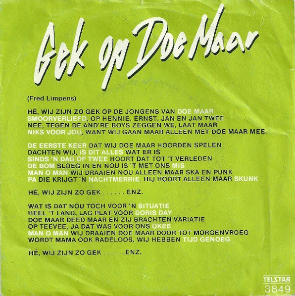 Fans - Gek Op Doe Maar Vinyl Singles Vinyl Very Good (VG) <br> Hoes Good Plus (G+)