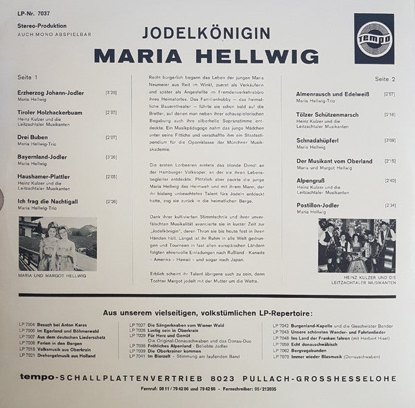 Maria Hellwig - Jodelkönigin Maria Hellwig (LP) Vinyl LP Vinyl Very Good (VG) <br> Hoes Good Plus (G+)