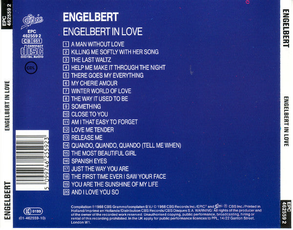 Engelbert Humperdinck - Engelbert In Love (CD) Compact Disc Vinyl Very Good (VG) <br> Hoes Good Plus (G+)