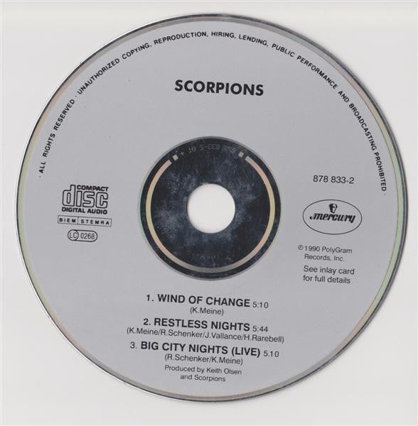 Scorpions - Wind Of Change (CD) Compact Disc Vinyl Very Good (VG) <br> Hoes Good Plus (G+)