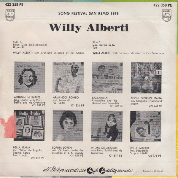 Willy Alberti - Song Festival San Remo Vinyl Singles EP Vinyl Very Good (VG) <br> Hoes Good Plus (G+)