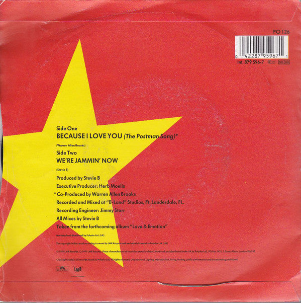 Stevie B - Because I Love You Vinyl Singles Vinyl Very Good (VG) <br> Hoes Good Plus (G+)