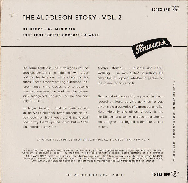 Al Jolson - The Al Jolson Story Vol.II Vinyl Singles EP Vinyl Very Good (VG) <br> Hoes Good Plus (G+)