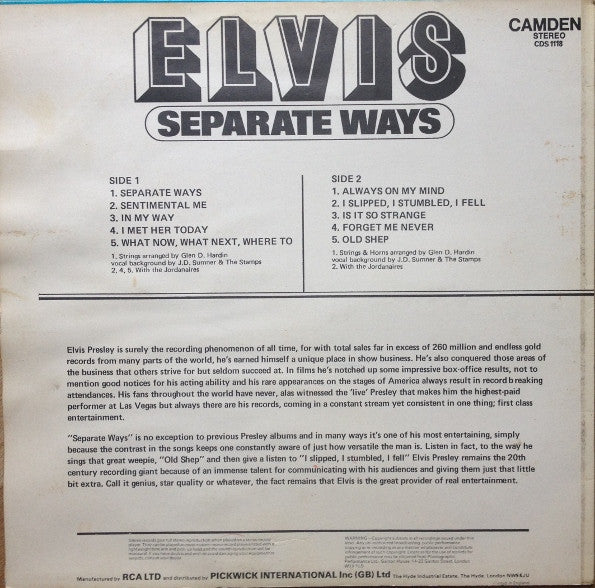 Elvis - Separate Ways (LP) Vinyl LP Vinyl Very Good (VG) <br> Hoes Good Plus (G+)