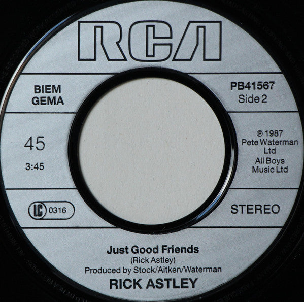 Rick Astley - Whenever You Need Somebody Vinyl Singles Vinyl Very Good (VG) <br> Hoes Good Plus (G+)