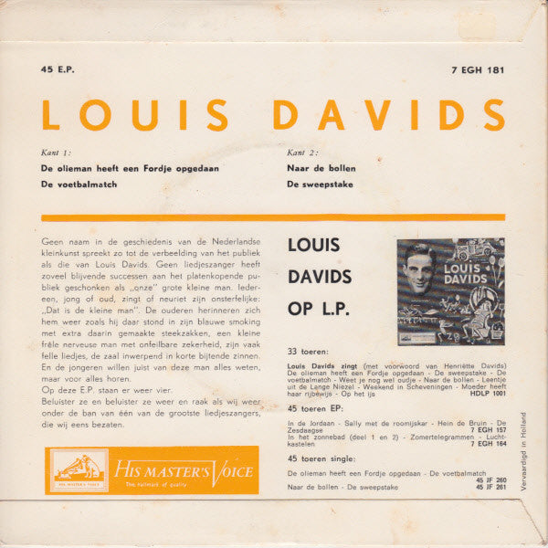 Louis Davids - De Olieman Heeft Een Fordje Opgedaan Vinyl Singles EP Vinyl Very Good (VG) <br> Hoes Good Plus (G+)