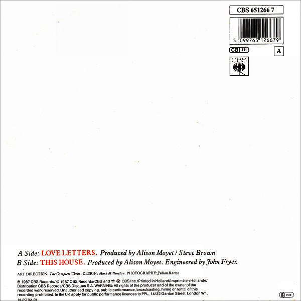 Alison Moyet - Love Letters Vinyl Singles Vinyl Very Good (VG) <br> Hoes Good Plus (G+)