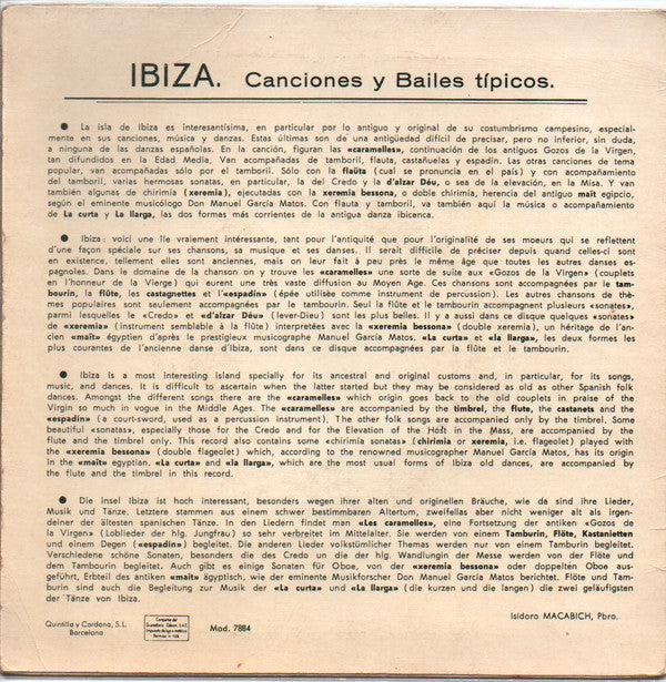 Grupo Folklorico De Ibiza - Ibiza Canciones Y Bailes Tipicos Vinyl Singles EP Vinyl Very Good (VG) <br> Hoes Good Plus (G+)