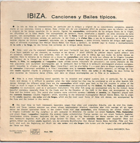 Grupo Folklorico De Ibiza - Ibiza Canciones Y Bailes Tipicos Vinyl Singles EP Vinyl Zeer Goed / Hoesje Goed "VINYLSINGLES.NL"