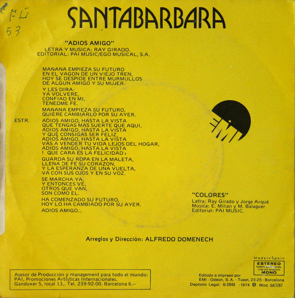 Santabarbara - Adios Amigo Vinyl Singles Vinyl Very Good (VG) <br> Hoes Good Plus (G+)