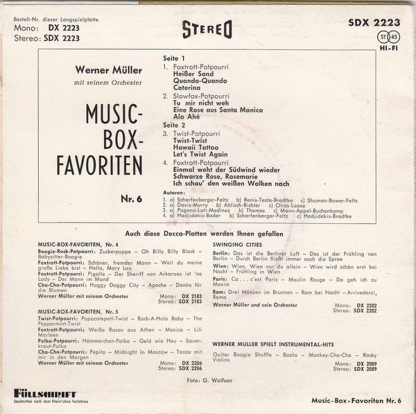 Werner Muller Mit Seine Orchester - Music Box Favoriten * Vinyl Singles Vinyl Very Good (VG) <br> Hoes Good Plus (G+)