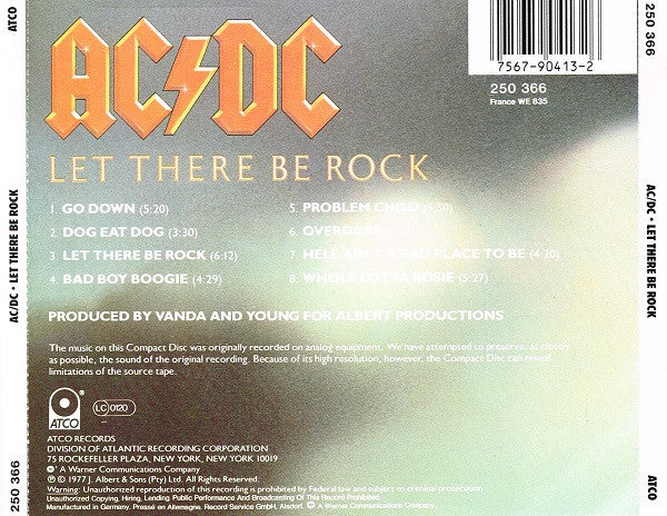 AC/DC - Let There Be Rock (CD) Compact Disc Vinyl Very Good (VG) <br> Hoes Good Plus (G+)