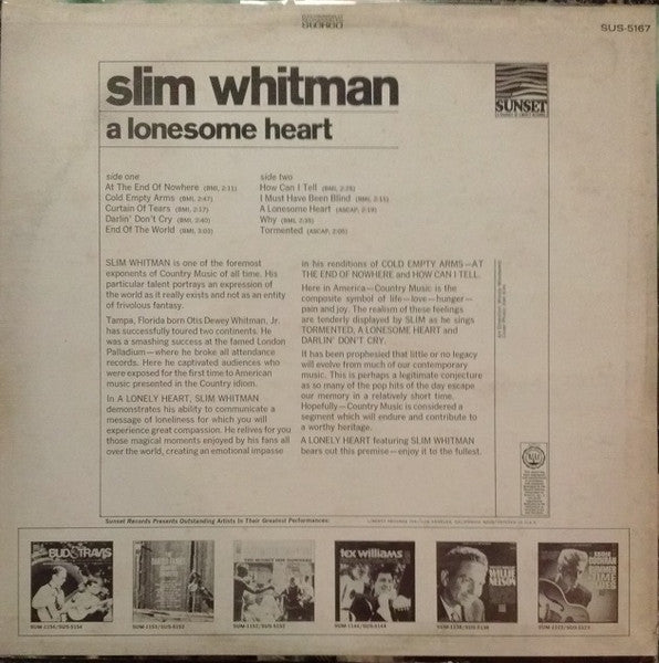 Slim Whitman - A Lonesome Heart (LP) Vinyl LP Vinyl Very Good (VG) <br> Hoes Good Plus (G+)