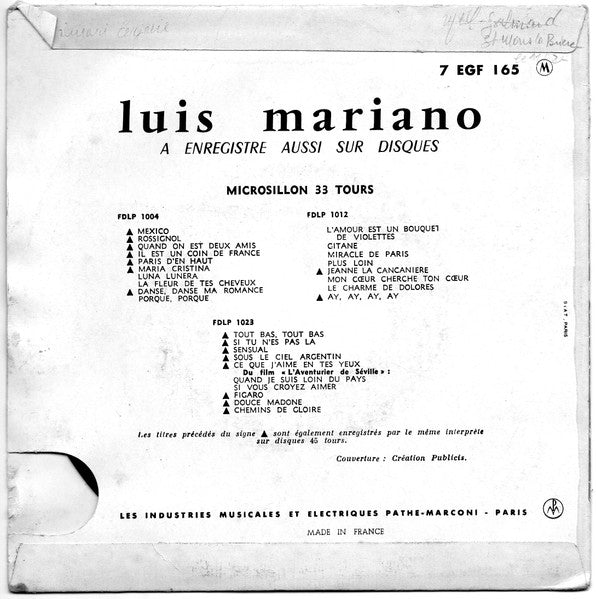 Luis Mariano - Mexico Vinyl Singles EP Vinyl Very Good (VG) <br> Hoes Good Plus (G+)