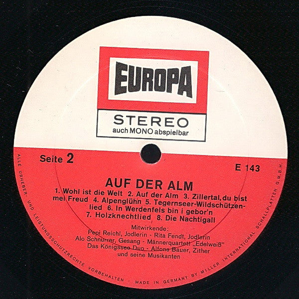 Alfons Bauer - Auf Der Alm Mit Alfons Bauer (LP) Vinyl LP Vinyl Very Good (VG) <br> Hoes Good Plus (G+)