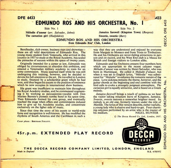Edmundo Ros & His Orchestra - Edmundo Ros And His Orchestra - No.* Vinyl Singles EP Vinyl Very Good (VG) <br> Hoes Good Plus (G+)