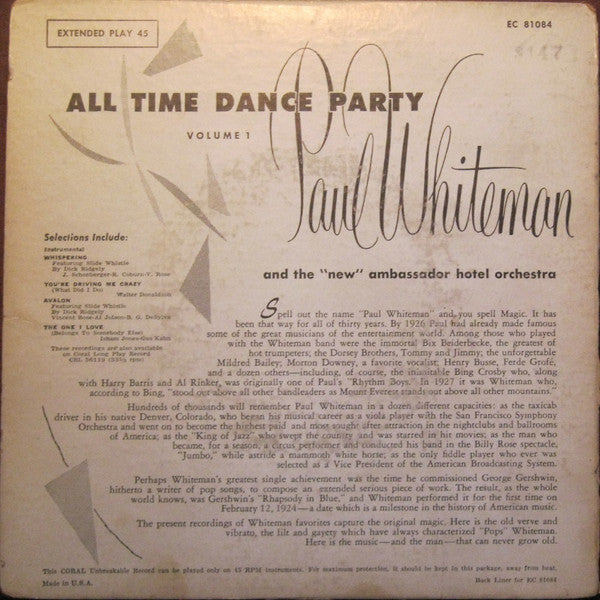Paul Whiteman - All Time Dance Party Vol. * Vinyl Singles EP Vinyl Very Good (VG) <br> Hoes Good Plus (G+)