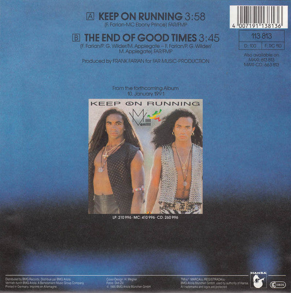 Milli Vanilli - Keep On Running Vinyl Singles Vinyl Very Good (VG) <br> Hoes Good Plus (G+)