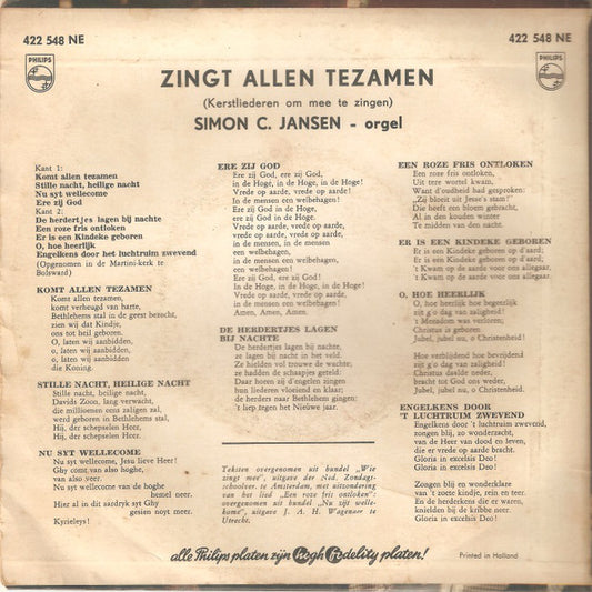 Simon C. Jansen - Zingt Allen Tezamen (Kerstliederen Om Mee Te Zingen) Vinyl Singles EP Vinyl Zeer Goed / Hoesje Goed "VINYLSINGLES.NL"