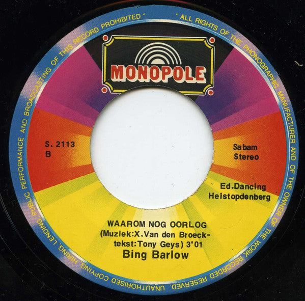 Bing Barlow - Het Jaar Van De Vrede Vinyl Singles Vinyl Very Good (VG) <br> Hoes Good Plus (G+)