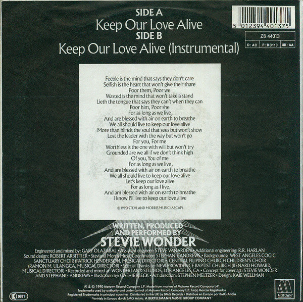 Stevie Wonder - Keep Our Love Alive Vinyl Singles Vinyl Very Good (VG) <br> Hoes Good Plus (G+)