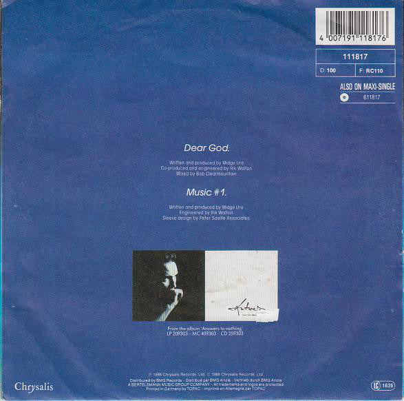 Midge Ure - Dear God Vinyl Singles Vinyl Very Good (VG) <br> Hoes Good Plus (G+)
