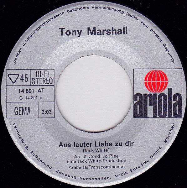 Tony Marshall - Schone Maid 42754 Vinyl Singles Vinyl Very Good (VG) <br> Hoes Good Plus (G+)