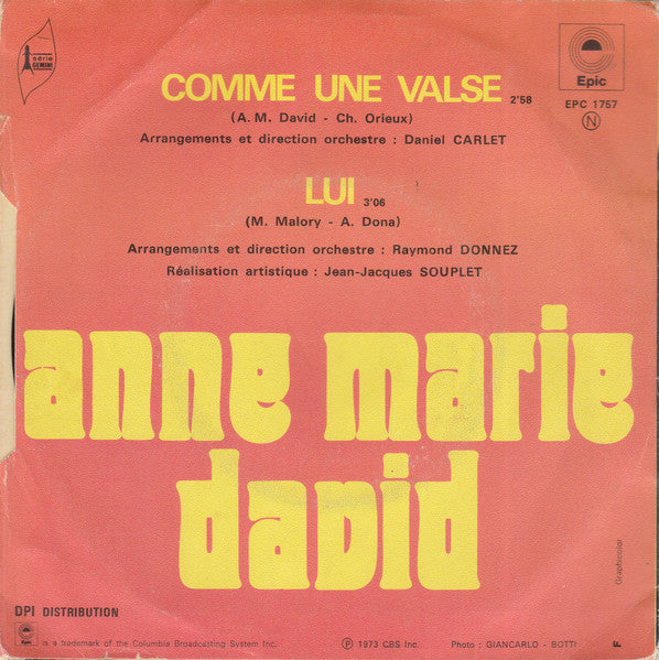 Anne Marie David - Comme Une Valse Vinyl Singles Vinyl Very Good (VG) <br> Hoes Good Plus (G+)