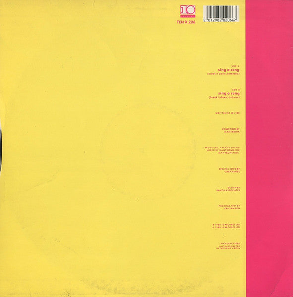 Mantronix - Sing A Song Vinyl Singles Vinyl Very Good (VG) <br> Hoes Good Plus (G+)