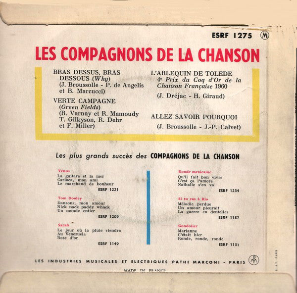 Compagnons De La Chanson - Bras Dessus, Bras Dessous Vinyl Singles EP Vinyl Very Good (VG) <br> Hoes Good Plus (G+)