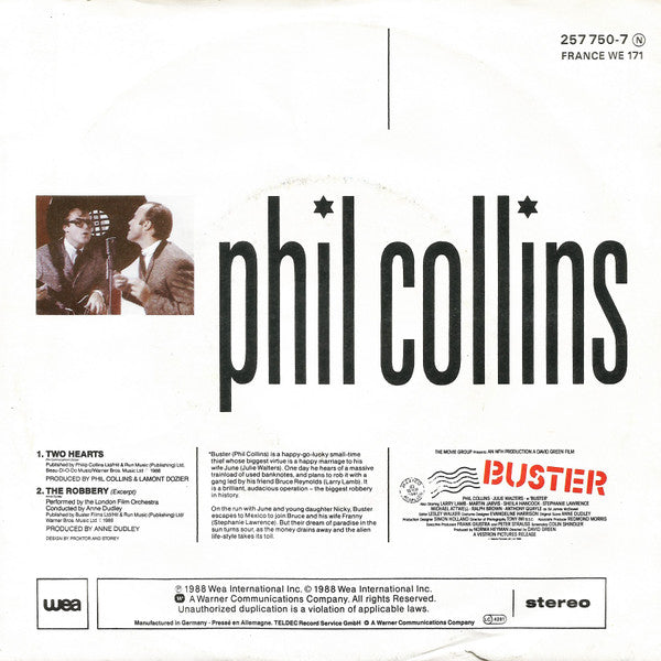Phil Collins - Two Hearts Vinyl Singles Vinyl Very Good (VG) <br> Hoes Good Plus (G+)