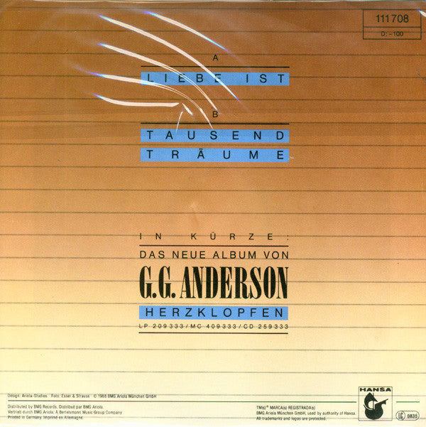 G.G. Anderson - Liebe Ist Vinyl Singles Vinyl Very Good (VG) <br> Hoes Good Plus (G+)