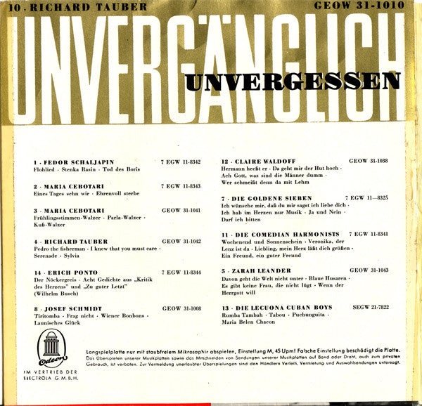 Richard Tauber - Richard Tauber Vinyl Singles EP Vinyl Very Good (VG) <br> Hoes Good Plus (G+)