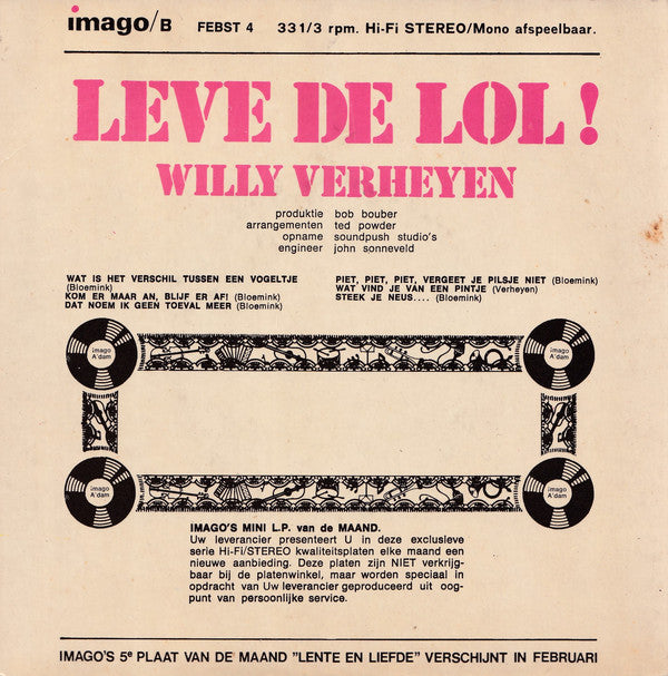 Willy Verheyen - Leve De Lol Vinyl Singles EP Vinyl Very Good (VG) <br> Hoes Good Plus (G+)