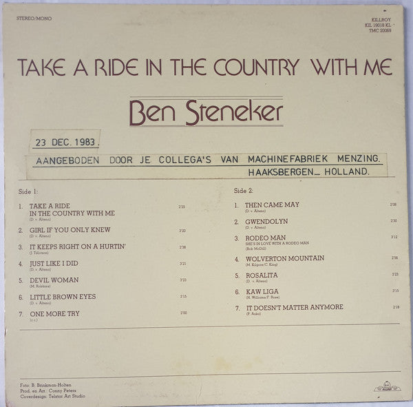 Ben Steneker - Take A Ride To The Country With Me (LP) Vinyl LP Vinyl Very Good (VG) <br> Hoes Good Plus (G+)