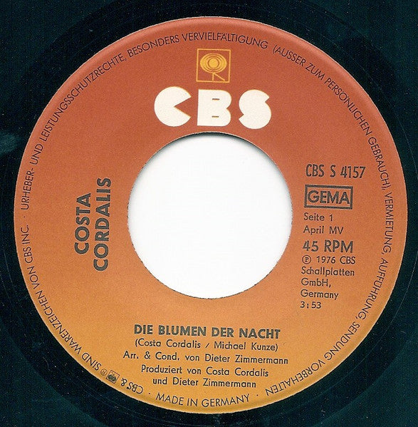 Costa Cordalis - Die Blumen Der Nacht Vinyl Singles Vinyl Very Good (VG) <br> Hoes Good Plus (G+)