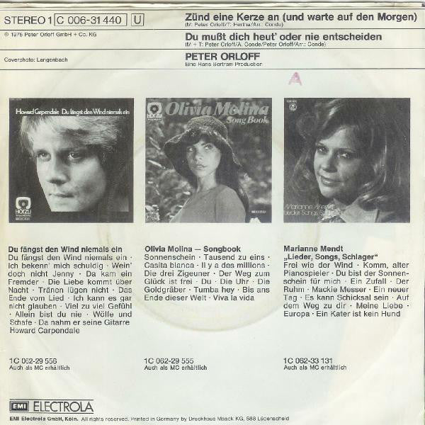 Peter Orloff - Zünd Eine Kerze An Vinyl Singles Vinyl Very Good (VG) <br> Hoes Good Plus (G+)